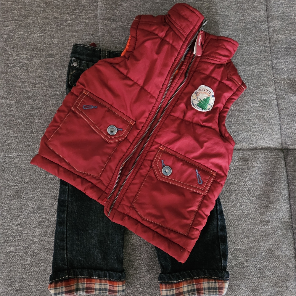 Red Puffer Vest with Jeans